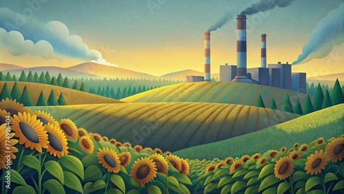 Against a backdrop of rolling hills and lush forests a massive biomass power plant stands tall surrounded by fields of vibrant yellow sunflowers