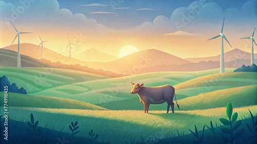 A lone cow grazing in a meadow seemingly unfazed by the towering wind turbines towering above her a testament to the peaceful integration of photo