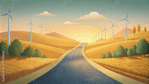 A rural road lined with wind turbines a representation of the dedication of local farmers to embrace and incorporate sustainable practices in photo