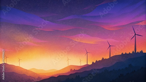 The distant silhouette of the wind turbines against the colorful sky creates a feeling of space and vastness representing the immense potential