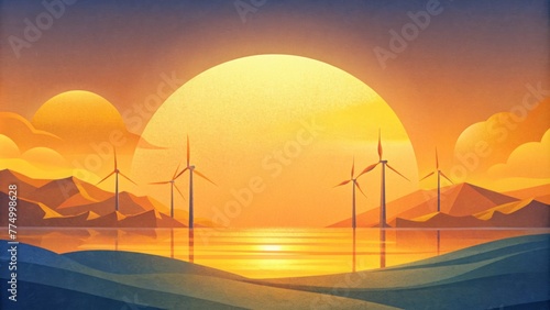 The sun sets behind the wind farm casting a warm golden light over the water and turbines creating a sense of calm and fulfillment that comes