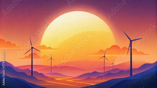The bright and bold colors of the sunset are contrasted by the stark modern lines of the wind turbines creating a juxtaposition that perfectly
