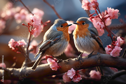 Charming robins perched on blossoming branches, their vivid plumage and delightful presence adding a touch of magic to the garden scene.