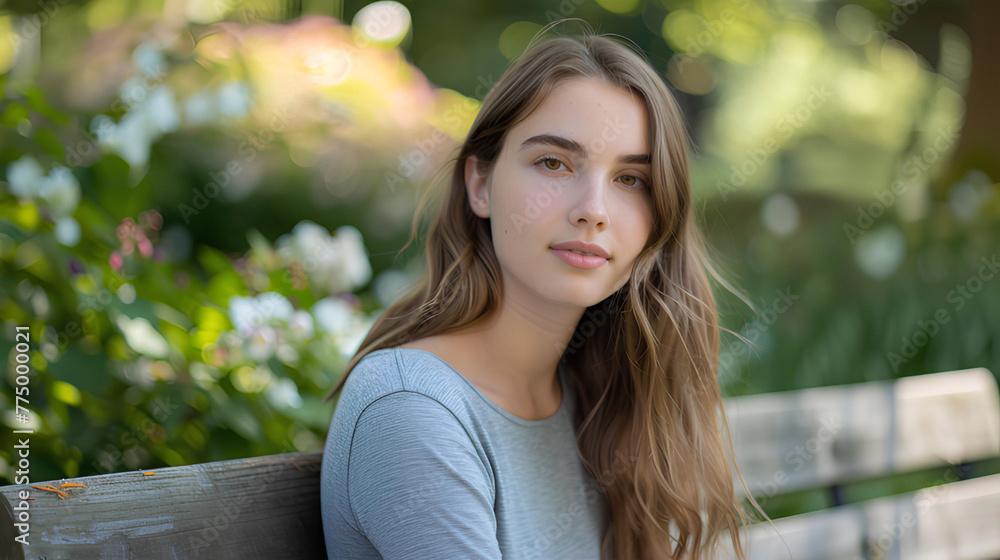 Beautiful young woman sitting on a bench in the park, portrait of a person Beautiful young woman sitting on a bench in the park, portrait of a person