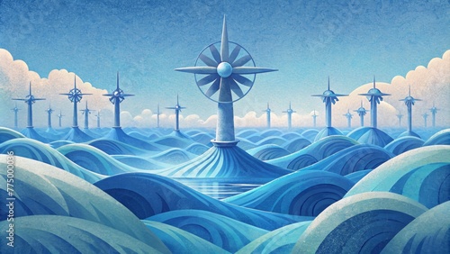 A of massive tidal turbines reminiscent of large wind turbines standing proudly as they harness the power of the oceans everchanging tides. photo