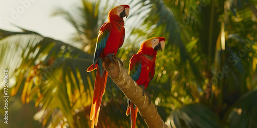 Pássaros tropicais animados pousados em galhos photo