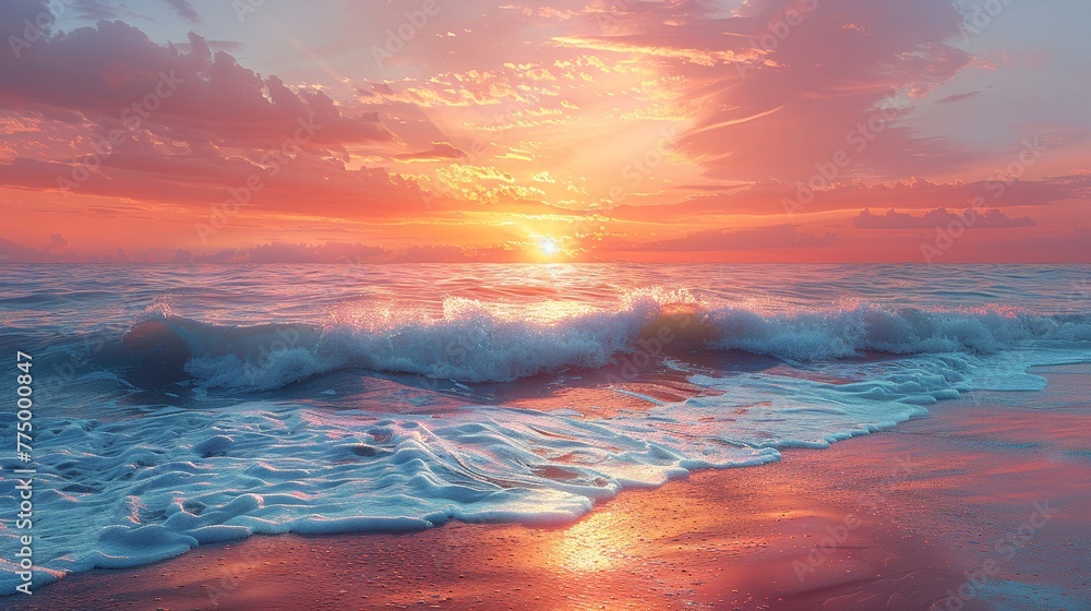 Sunset Hues Casting Warm Glow Over Serene Ocean Waves The fading light blurs into the calm sea