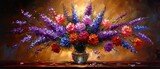 Painting, abstract, metal elements, textured background, flowers, plants, vase of flowers