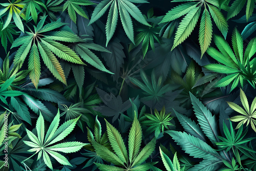 Cannabis (or hemp or marijuana) green leaves background, cannabis growing plant in a farm illustration © Delphotostock