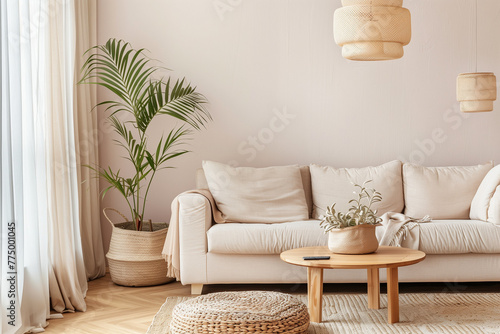 Living room interior design in scandinavian style with sofa, furniture and home decor