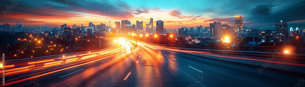 Obraz premium Nighttime City Traffic with Streaks of Headlights and Streetlights