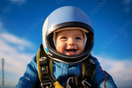 AI generated image of cute funny sweet baby skydiver flying in blue sky