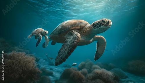 Turtle day concept of turtle swimming with coral and fish Vibrant underwater seascape  © NanzXy