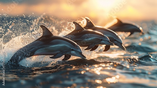 Joyful pod of dolphins leaping in crystal clear waters photorealistic cinematic masterpiece