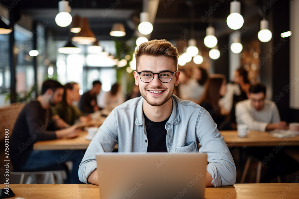 Generative AI photo of smiling handsome man teacher in cafe Generative AI photo of smiling handsome man teacher in cafe