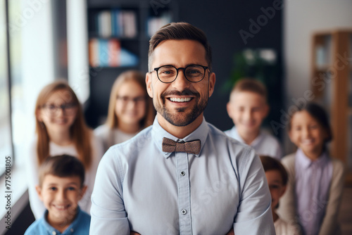 Generative AI photo of confident handsome professional man teacher in classroom © Tetiana