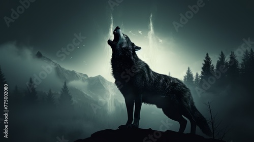 Wolf howling at full moon in eerie fog Halloween horror theme silhouette concept © MOUISITON