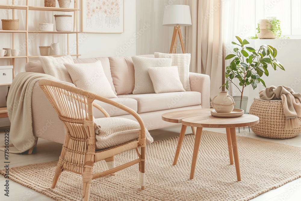 Obraz premium Living room interior design in scandinavian style with sofa, furniture and home decor (beige and light brown colors)