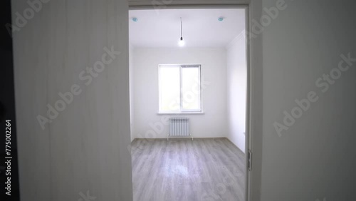 White room slow motion. walking, white doors. Empty, new