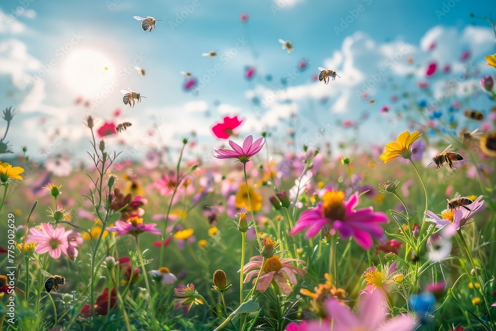 Blooming Meadow, Bees Over Flowers, Clear Blue Sky Backdrop