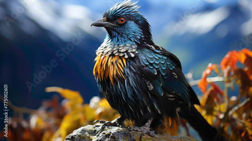 The strikingly beautiful Himalayan Monal, with its iridescent plumage, perched on a mountainous ledge against a backdrop of snowy peaks.