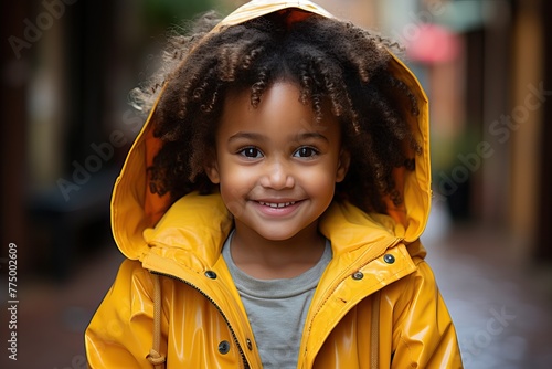 Portrait of a little African girl in a yellow raincoat.