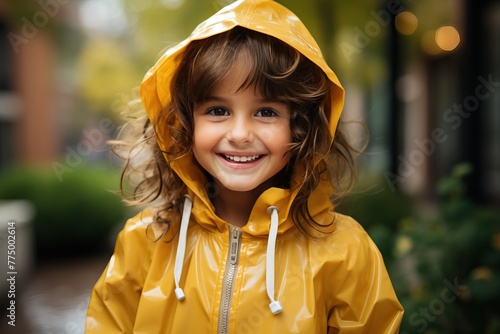 A little girl in a yellow raincoat in the autumn forest, a child's yellow raincoat with a hood.