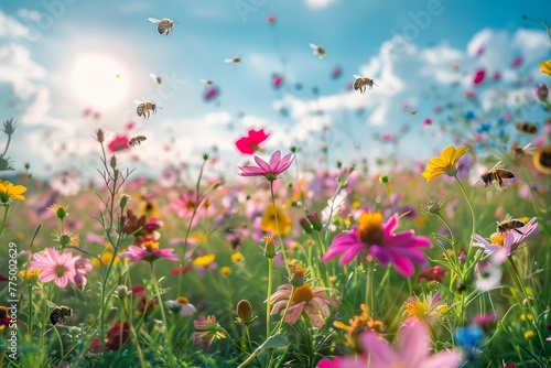 Blooming Meadow  Bees Over Flowers  Clear Blue Sky Backdrop