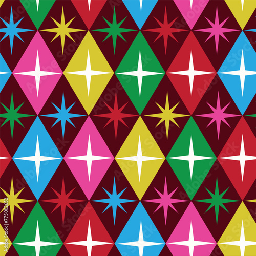 Mid century modern atomic starburst on retro diamond shapes seamless pattern in blue, green, red, pink and yellow on dark background. For home décor, textile and fabric