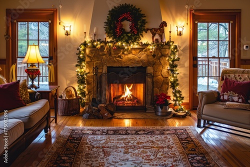 Spacious Living Area with Festive Trim, Fireplace Glow, Wintry Landscape View photo