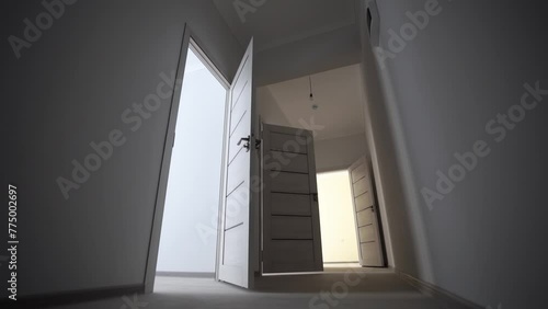 White room slow motion. walking, white doors. Empty, new