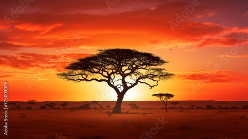 Sunset on African plains with acacia tree Kalahari desert South Africa silhouette concept