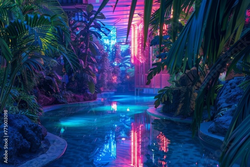 Luxurious Neon-Lit Pool Amidst Tropical Foliage