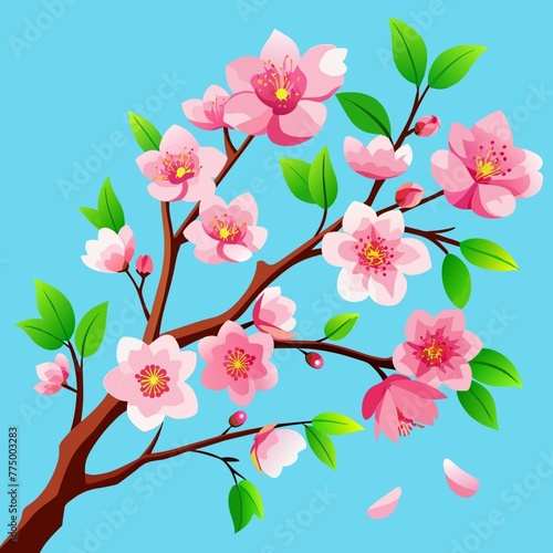a blooming sprig of cherry blossoms on a light background