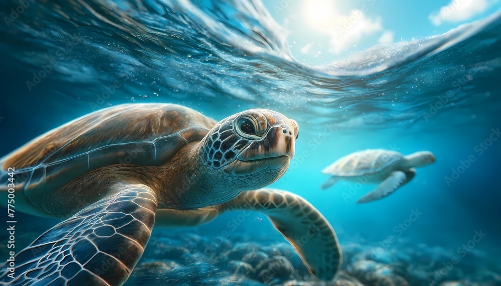 Fototapeta premium Turtle day concept of turtle swimming with coral and fish Vibrant underwater seascape 