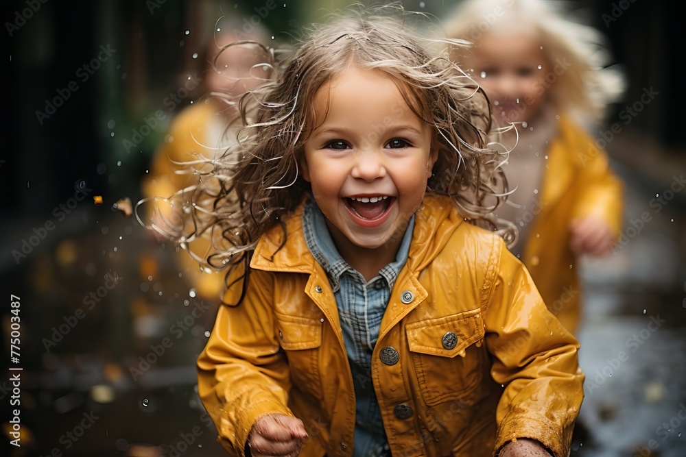 Two little happy girls are running in the rain in their raincoats. Two little happy girls are running in the rain in their raincoats.