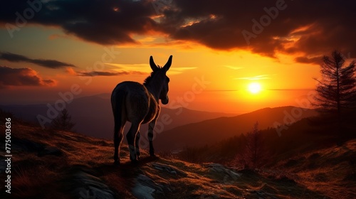 Donkey observing sunset in Bulgaria and its unique European form silhouette concept © MOUISITON