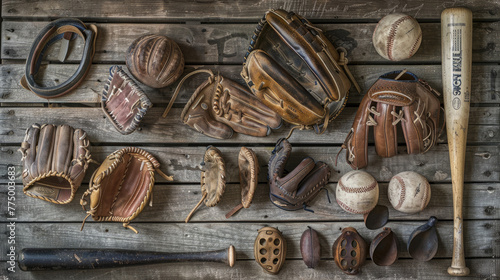 A collection of vintage baseball equipment arranged neatly on a weathered wooden bench. Leather gloves, weathered baseballs, wooden bats, and old-fashioned catcher's masks
