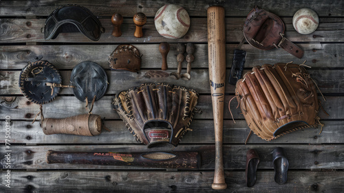A collection of vintage baseball equipment arranged neatly on a weathered wooden bench. Leather gloves, weathered baseballs, wooden bats, and old-fashioned catcher's masks