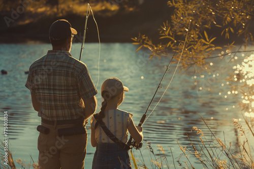 A father and daughter bonding over a fishing trip on a tranquil lake, with fishing rods in hand and a sense of camaraderie between them