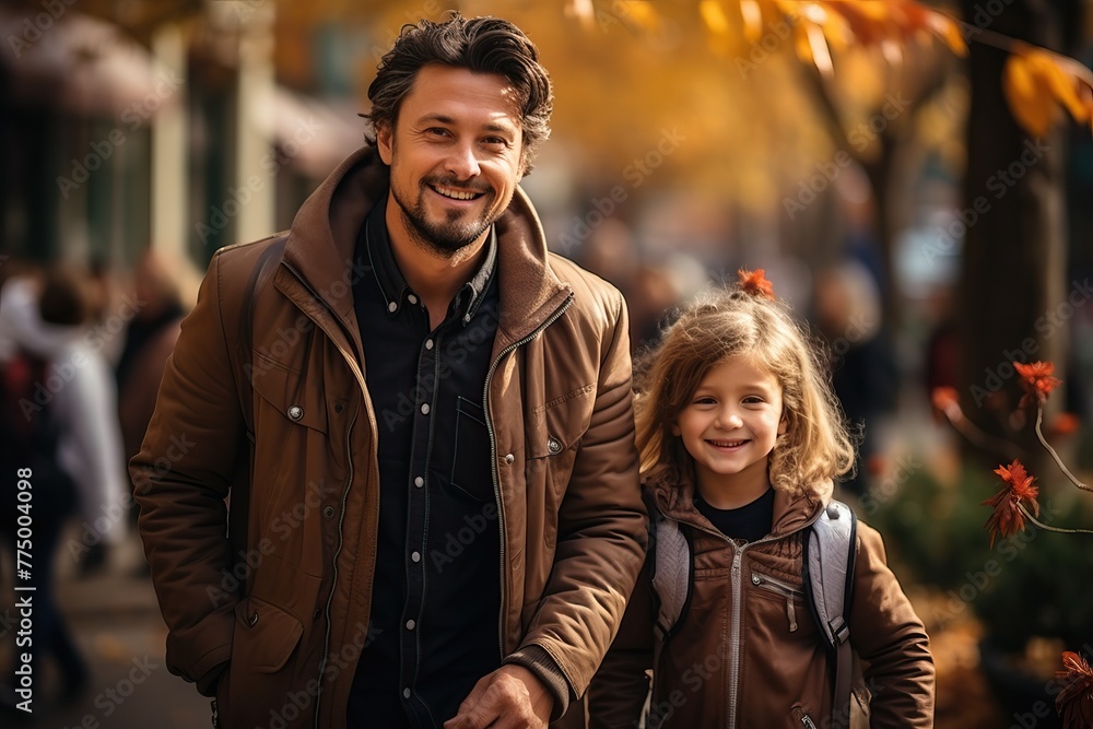Portrait of dad with daughter, dad takes daughter to school on an autumn day. Portrait of dad with daughter, dad takes daughter to school on an autumn day.