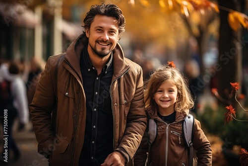 Portrait of dad with daughter, dad takes daughter to school on an autumn day.