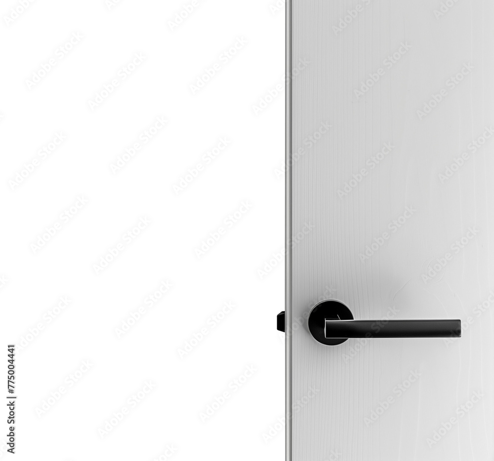 Door with doorknob. Simple minimalist open door with black knob. Isolated transparent PNG background. Opened door concept. Closing the door. Opening the door. Slick office white door.  - obrazy, fototapety, plakaty 