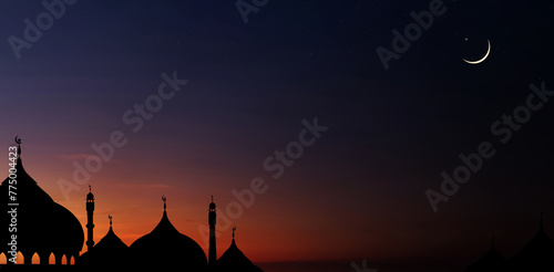Photography Night Sky with Star,Islamic card with Mosques dome,Crescent moon on Sunset sky, Ramadan Night with twilight dusk sky for Islamic religion,Eid al-Adha,Eid Mubarak,Eid al fitr,Ramadan Kareem,Muharram
