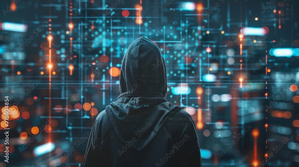 Dressed in a hoodie : Behind hacker with Online Security, - obrazy, fototapety, plakaty 