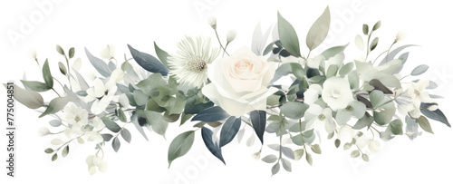 Watercolor bouquet of white roses and green foliage on a white background