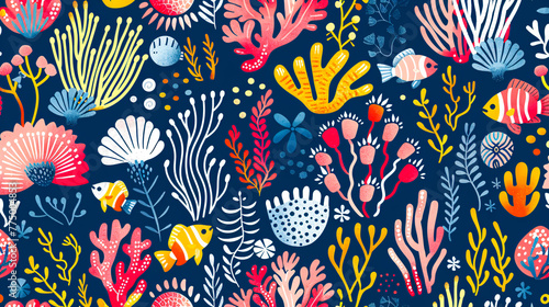 Seamless underwater pattern, ocean life with corals and seaweed