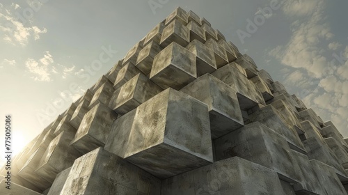 Large geometric concrete structure with a repeating pattern of protruding blocks under a partly cloudy sky