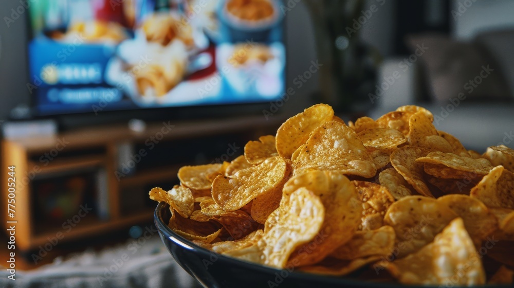 Close-up of a bowl filled with crispy golden potato chips in the foreground and a blurry TV showing a food commercial in the background Close-up of a bowl filled with crispy golden potato chips in the foreground and a blurry TV showing a food commercial in the background
