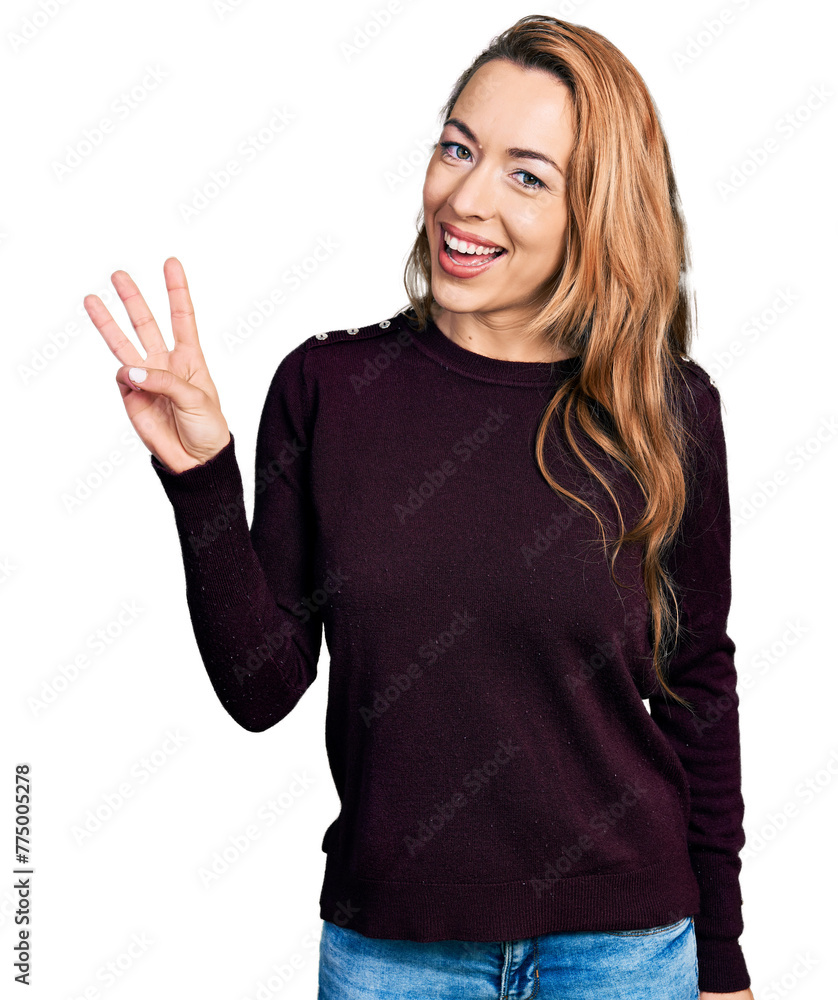 Young caucasian woman wearing casual clothes showing and pointing up with fingers number three while smiling confident and happy. Young caucasian woman wearing casual clothes showing and pointing up with fingers number three while smiling confident and happy.